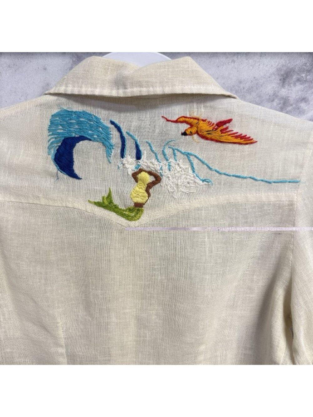 Vintage Womens Hand Embroidered Linen Button Up Shirt Union Made USA XS